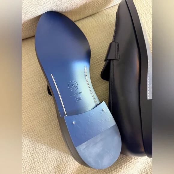 CHANEL Navy Leather Logo Penny Loafers IT 39.5 with dust bag - Picture 6 of 13
